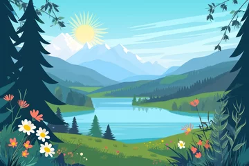 Wandcirkels tuinposter Mountains and river or lake landscape. View of wilderness, mountainous area with pine tree forests. Hills and meadows with blooming flowers. Vector illustration in flat cartoon style © akimtan