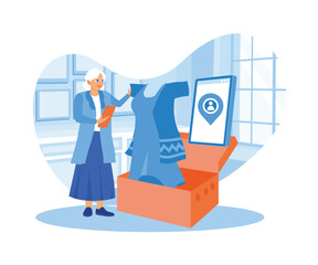 Small business owner takes photos of products in package boxes using a gadget. The businesswoman checks the order and confirms the customer's address. Order confirmation concept.