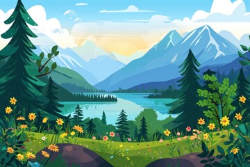 Mountains and river or lake landscape. View of wilderness, mountainous area with pine tree forests. Hills and meadows with blooming flowers. Vector illustration in flat cartoon style