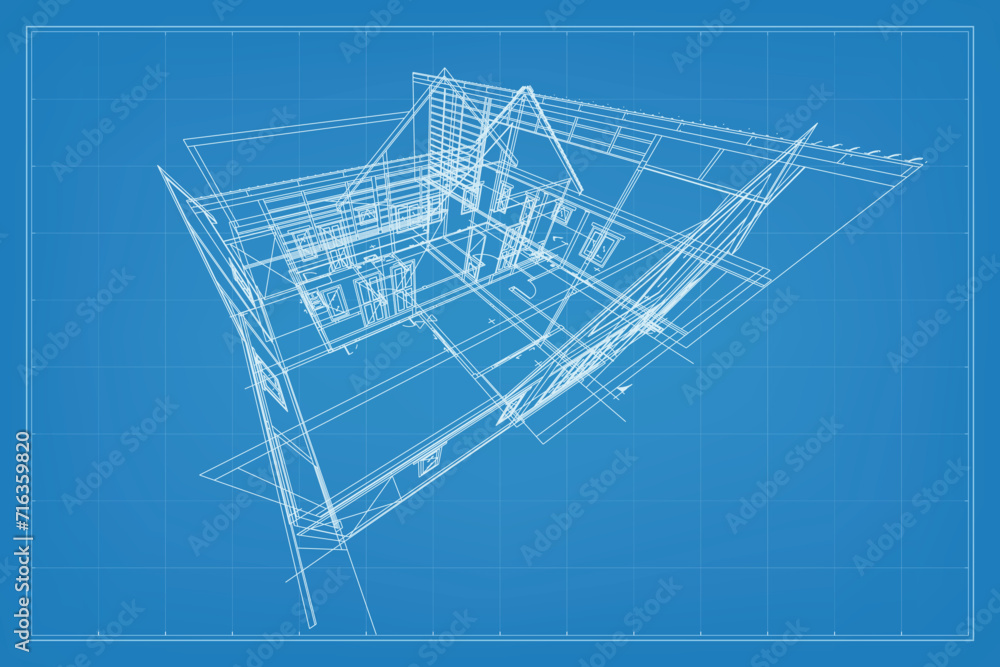 Poster 3d render of building wireframe structure. perspective wireframe of house exterior. abstract constru