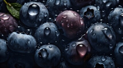 Fresh blueberries with water splashes and drops on black background