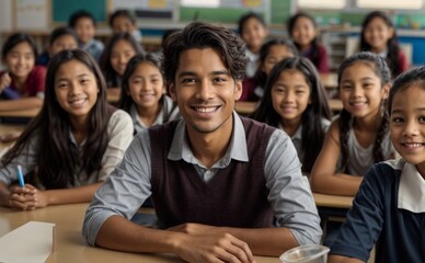Portrait of smiling teacher in a class at elementary school looking at camera with learning students on background

