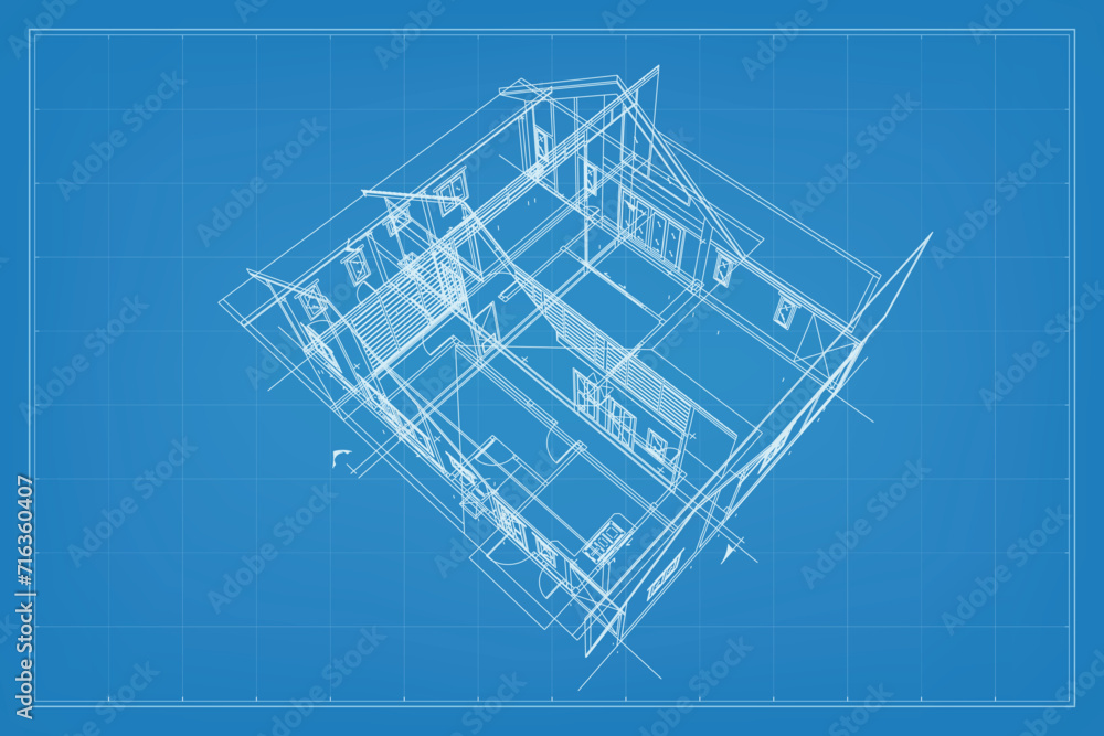 Poster 3d render of building wireframe structure. perspective wireframe of house exterior. abstract constru