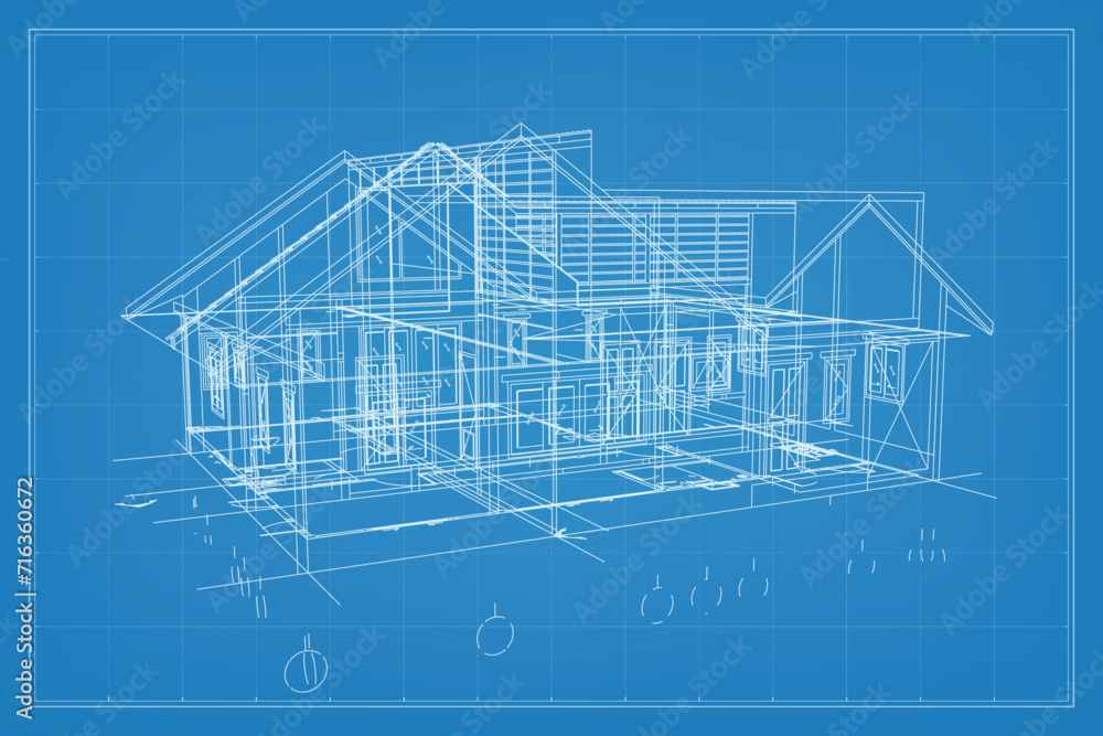 Poster 3d render of building wireframe structure. perspective wireframe of house exterior. abstract constru