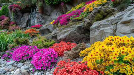 Colorful flowers bloom in the spring in the flowerbeds.