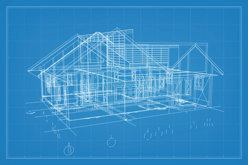 3D render of building wireframe structure. Perspective wireframe of house exterior. Abstract construction graphic idea. Vector illustration. - obrazy, fototapety, plakaty