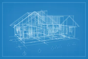 3D render of building wireframe structure. Perspective wireframe of house exterior. Abstract construction graphic idea. Vector illustration. © Lifestyle Graphic