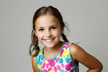 A cute eight year old school girl smiling wearing colorful clothes with room for copy. blank background