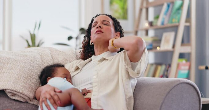 Woman, baby and neck pain in home massage for injury inflammation, arthritis or stress. Mother or person, child care and sofa for joint problem with muscle fatigue in apartment and tired or hurt