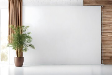 Plant against a white wall mockup. White wall mockup with brown curtain, plant and wood floor. 3D illustration