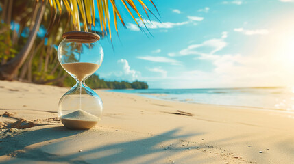 Hourglass on the sand on the beach with palm tree and sea background.