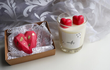gift concept for valentine's day. set of soy candles made of natural soy wax in a gift box	