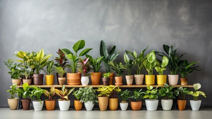 A diverse collection of potted houseplants displayed on wooden shelves against a gray wall