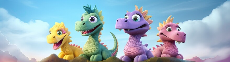 A delightful scene featuring cartoon dragon and dinosaur characters, joyfully coming together for children's playtime and friendship.