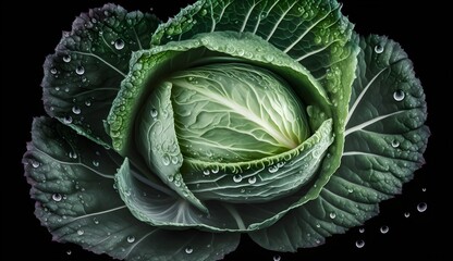 Fototapeta premium Fresh cabbage with water splashes and drops on black background