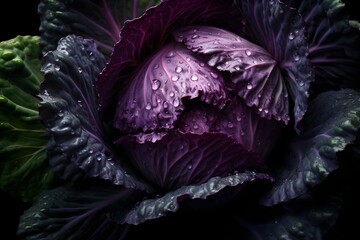 Fototapeta premium Fresh cabbage with water splashes and drops on black background
