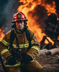 A helmeted firefighter looking exhausted in front of a fire
