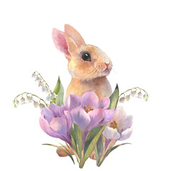 Easter bunny watercolor baby rabbit with spring flowers in pastel colors. Hand painted illustration for happy holidays. Drawing on isolated white background for greeting cards or invitations