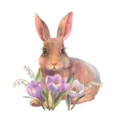 Easter bunny watercolor baby rabbit with spring flowers in pastel colors. Hand painted illustration for happy holidays. Drawing on isolated white background for greeting cards or invitations