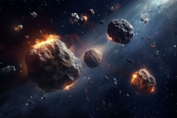 Illustration of asteroid field in space with meteors, realistic 5k science fiction art. Generative AI