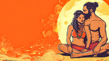 couple in a serene embrace, evoking themes of love and intimacy. The vibrant orange backdrop suggests warmth and passion.
