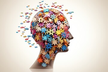 Brain puzzle, jigsaw: Occipital bone childhood disorder study. Brainwave convergence iridescent cognitive flux. Head imaging intellectual advancement detecting dementia, cognitive brain challenges