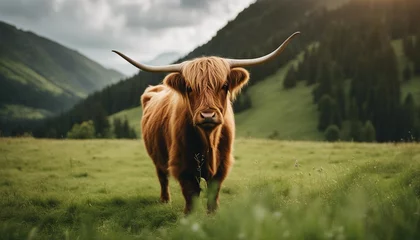 Papier Peint photo Highlander écossais A highland cow in a green field 