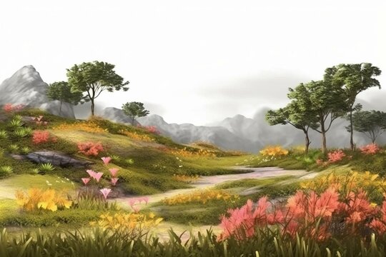 Nature landscape with blooming flowers and grass field, tropical forest, transparent png image, 3d rendering illustration. Generative AI