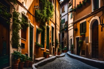 Fototapeta na wymiar Cozy street in Trastevere, Rome, Europe. Trastevere is a romantic district of Rome, along the Tiber in Rome. Turistic attraction of Rome