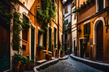  Cozy street in Trastevere, Rome, Europe. Trastevere is a romantic district of Rome, along the Tiber in Rome. Turistic attraction of Rome © Nazir