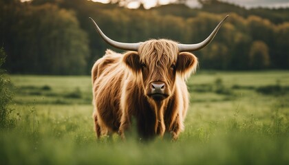 A highland cow in a green field
