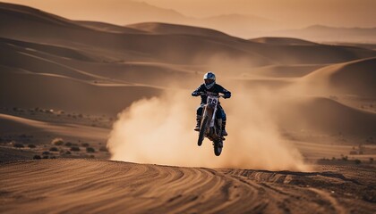 A person doing motocross on a dirt and dusty road. doing acrobatic stunts in the air
