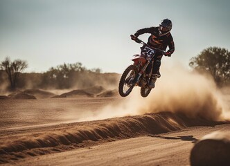 A person doing motocross on a dirt and dusty road. doing acrobatic stunts in the air
