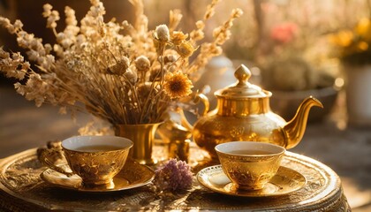 Harmony in Gold: Tea Sets Enhanced with Dried Blooms Bathed in Warm Glow"