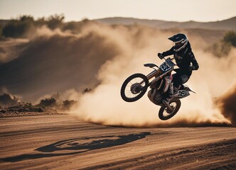 A person doing motocross on a dirt and dusty road. doing acrobatic stunts in the air
