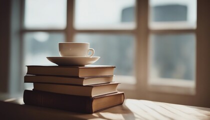 A stack of old books and coffee by a window, minimalist cozy environment
