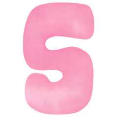 Number 5 pink painted in watercolor, vector illustration.