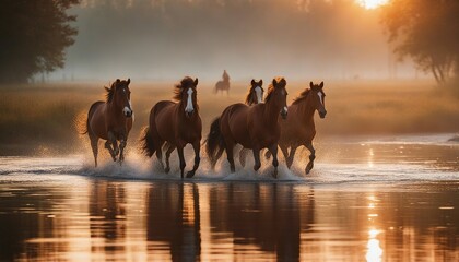 A wild herd of natural horses crossing the river, golden hour
