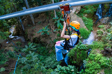Chiang Mai, Thailand - January,04, 2024: Tourist on a zip line, An activity in a hill at Pong Yaeng Jungle Coaster and Zip Line. © bubbers