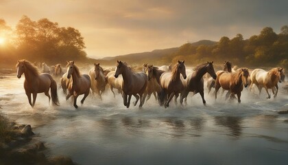 A wild herd of natural horses crossing the river, golden hour
