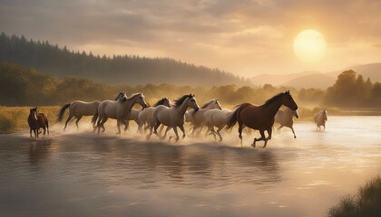 A wild herd of natural horses crossing the river, golden hour
