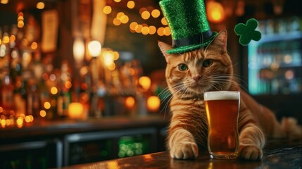 Red cat in top green hat with clover and beer in the irish pub - obrazy, fototapety, plakaty