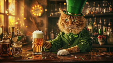 Cat in green top hat and green shirt drink beer in the irish pub - obrazy, fototapety, plakaty