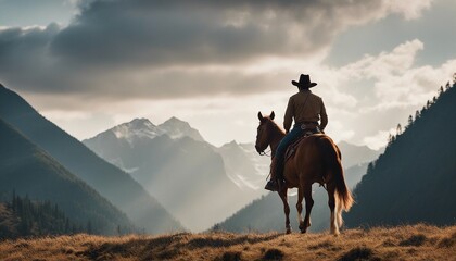 Cowboy on horseback with mountain background digital oil painting

