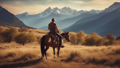 Cowboy on horseback with mountain background digital oil painting

