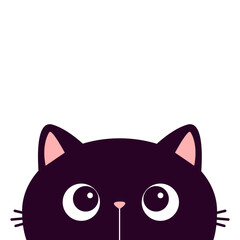 Peeking cat face head silhouette looking up. Black kitten. Cute cartoon character. Kawaii funny animal. Baby card. Pet collection. Sticker print. Flat design. White background. Isolated.