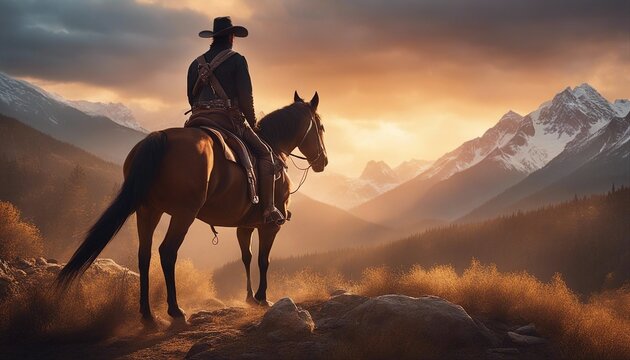 Cowboy on horseback with mountain background digital oil painting© abu