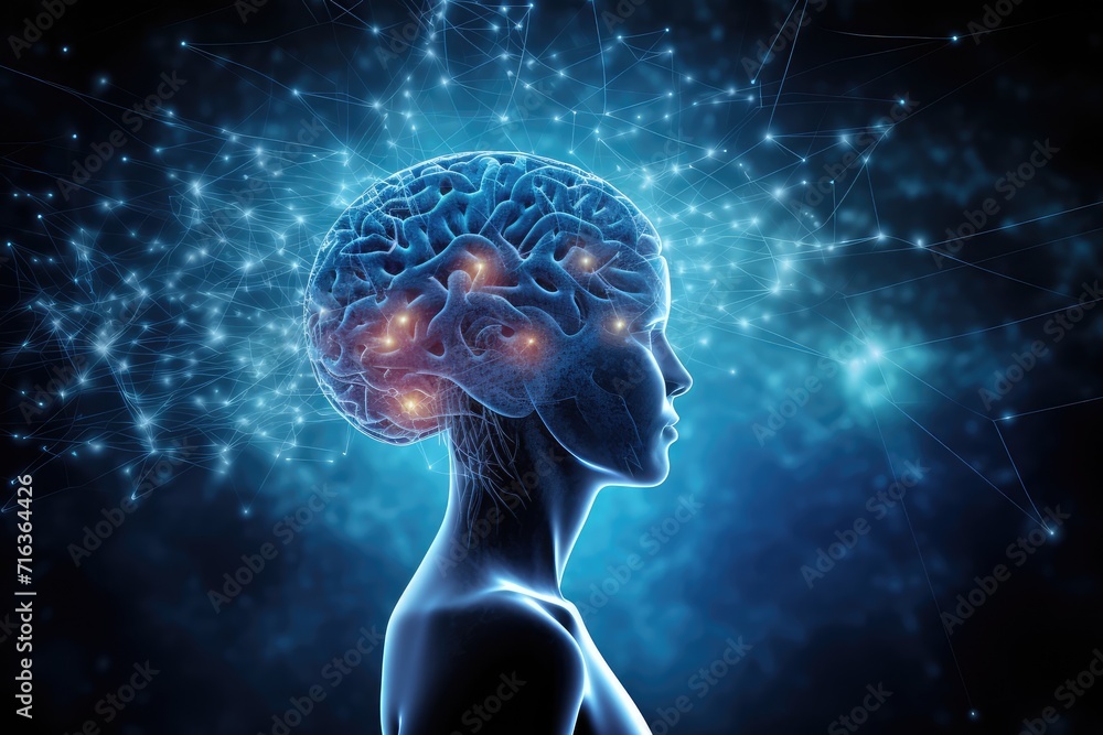 Poster colorful brain explosion creativity and neural connections. receptor specificity insight aging proce