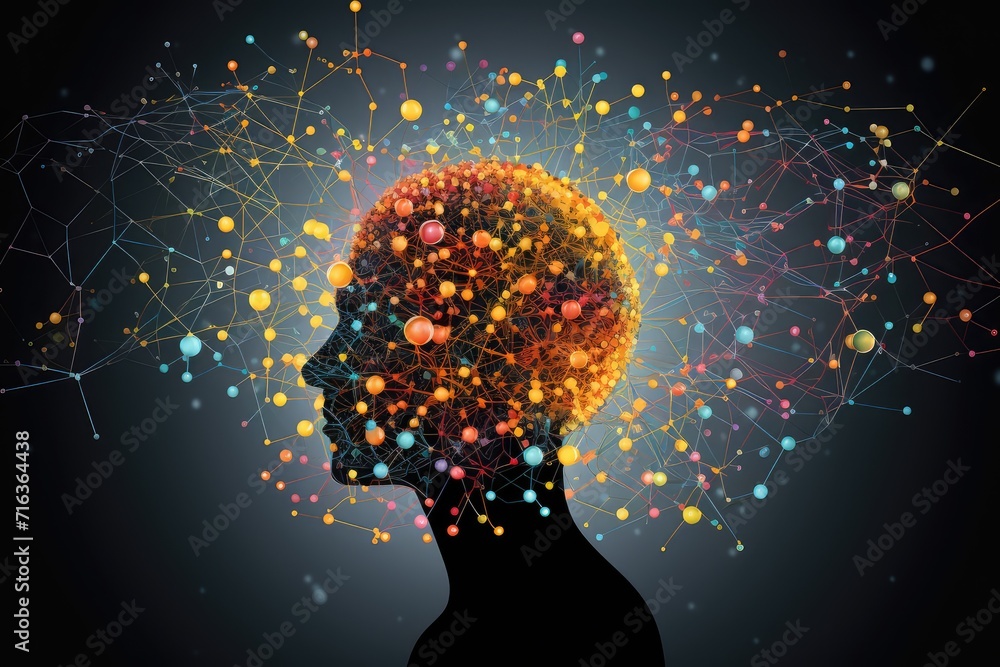 Poster colorful brain explosion creativity and neural connections. receptor specificity insight aging proce