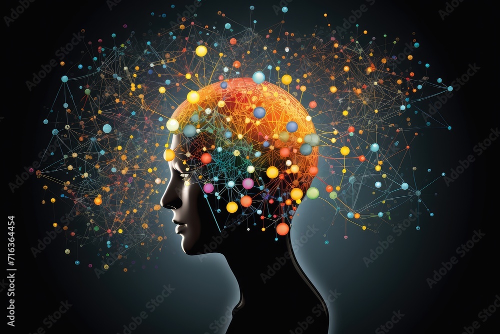 Poster colorful brain explosion creativity and neural connections. receptor specificity insight aging proce